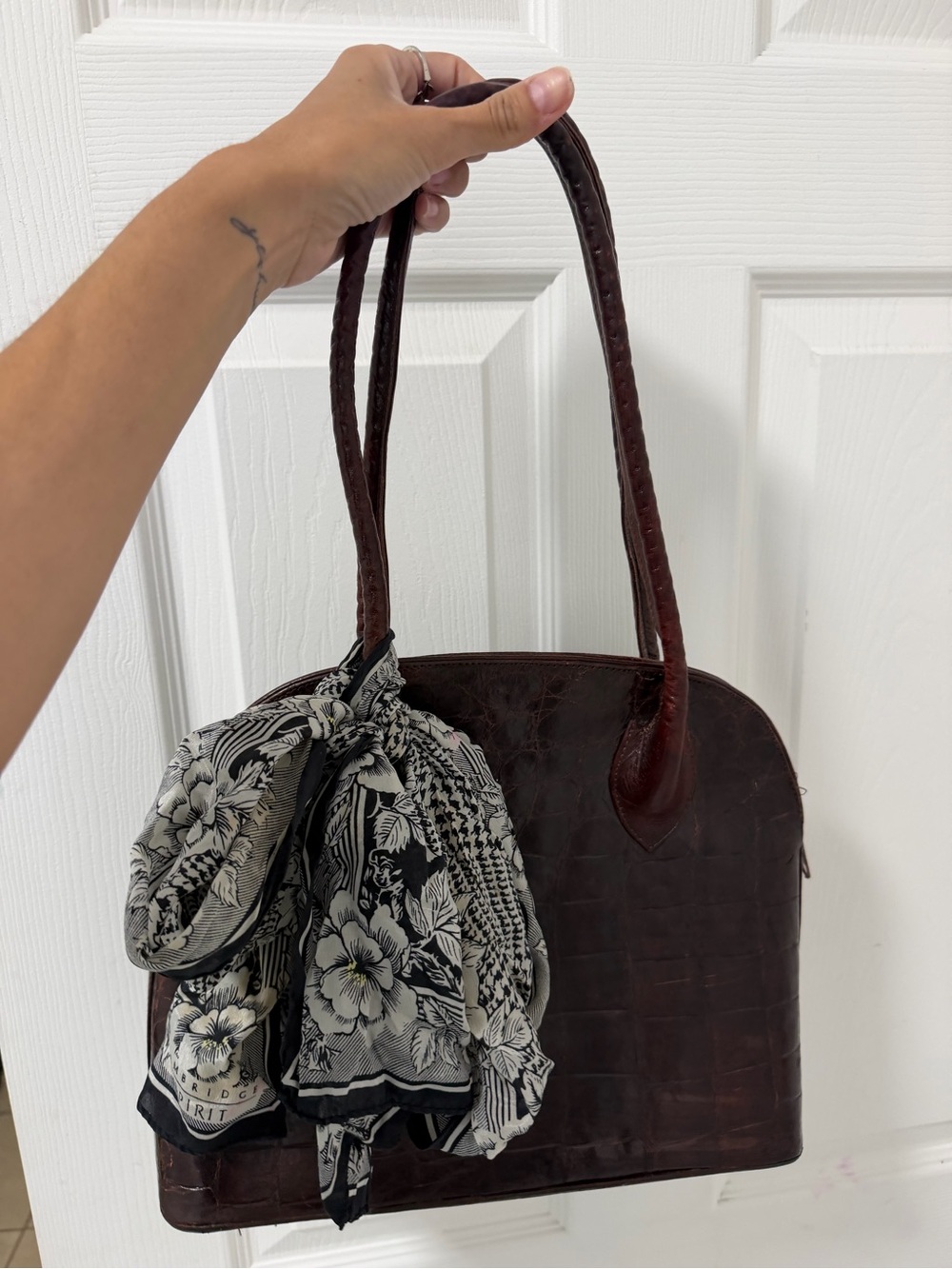 Vintage Genuine Leather Croc Embossed Shoulder Bag Brown + Silk Scarf